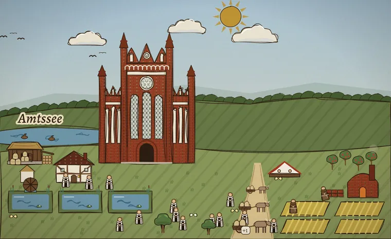 Das Kloster Chorin im Spiel: Backsteinkirche, Mönche, Felder und Fischteiche