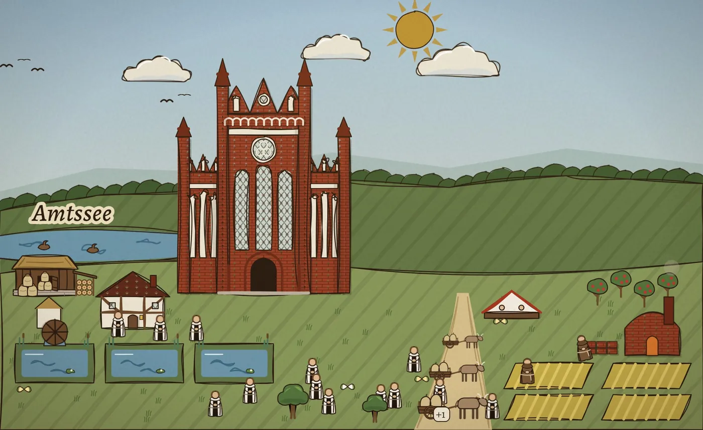 Das Kloster Chorin im Spiel: Backsteinkirche, Mönche, Felder und Fischteiche